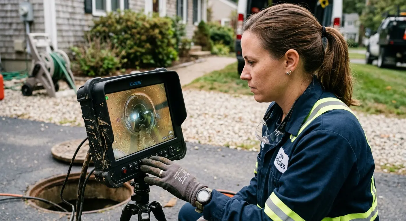 Technician reviewing sewer camera inspection footage in Hasbrouck Heights