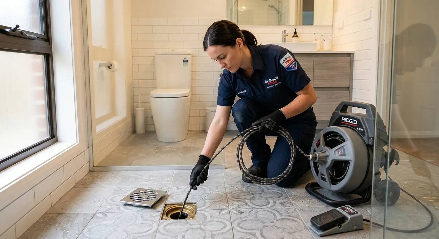 Technician clearing a bathroom floor drain for Sewer Line Replacement in Hasbrouck Heights